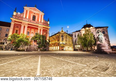 Ljubljana City Center With Beautiful Franciscan Church At Dusk, Slovenia