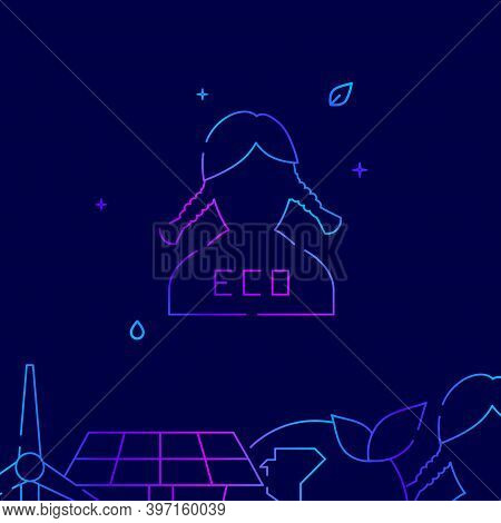 Eco Activist Girl Gradient Line Vector Icon, Simple Illustration On A Dark Blue Background, Eco Acti