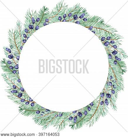 Watercolor Winter Pine Branches And Blue Berries Wreath. Christmas Holiday Frame. New Years Card Tem