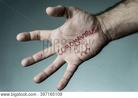 Coronavirus Text Written On Hand Of Man. Covid-19, Coronavirus, Sars-cov-2 Outbreak. 2019 Novel Coro