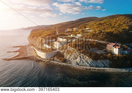Beautiful Aerial View Of Arkhipo-osipovka Beach And Coastline With Mountains And Sea, Black Sea Coas