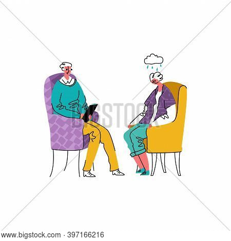 Vector Illustration With Reception From Psychologist, Psychotherapist. Specialist Is Shown Helping P