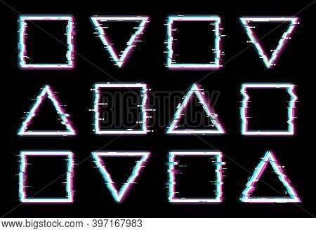 Glitch Frames Vector Distorted Neon Glowing Pixelized Borders Of Triangle And Square Shapes Isolated