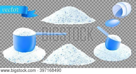 Detergent Shirt. Soap White Texture With Scoop. Liquid Powder In Cup For Washing Machine. Laundry Wa