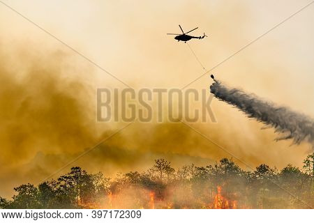 Silhouette Firefithing Helicopter Dumps Water On Forest Fire