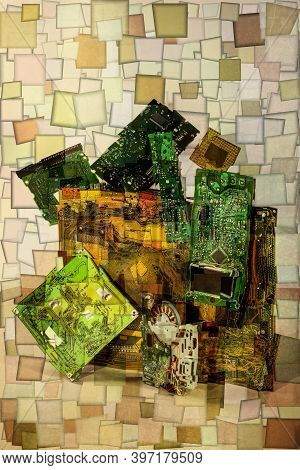 Collage Of Abstract Shapes Made Of Computer Circuit Boards, Stylization