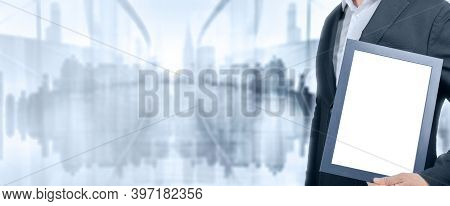 Blank Diploma Or Certificate Mockup. Banner With Businessman Holding In Hand Empty Blank Photo Frame
