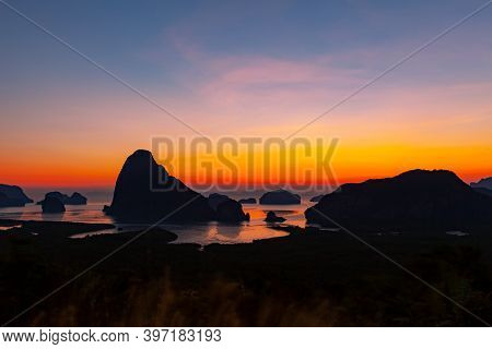 Beautiful Light Sunrise Landscape Nature View At Sametnangshe Landscape View Located In Phang-nga Th