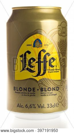 Groningen, Netherlands - November 28, 2020: Can Of Belgian Leffe Blond Beer Isolated On A White Back