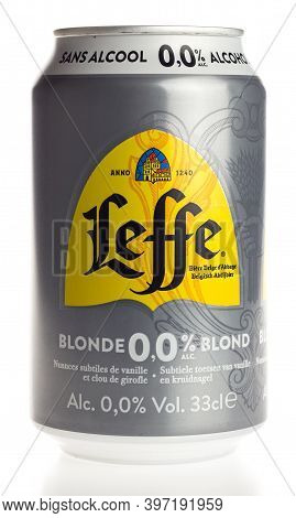 Groningen, Netherlands - November 28, 2020: Can Of Non Alcoholic Leffe Blond Beer Isolated On A Whit