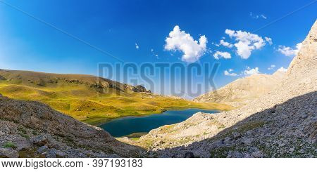 Amazing Mountain Lake Between Bolkar Mountain And Taurus Mountain. Panoramic View Of Black Lake. Nig