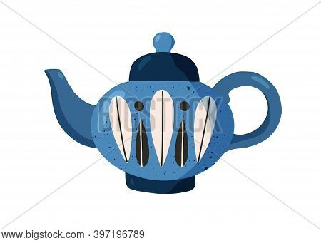 Cute Blue Ceramic Teapot. Painted Tea Kettle Isolated On White Background. Hand Drawn Kitchen Crocke