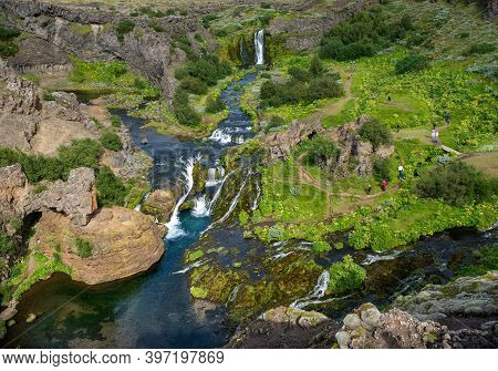 Hjalparfoss; Iceland - July 29, 2017: Scenic Landscape Of Hjalparfoss On The South Of Iceland