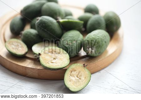 Feijoa Green On A Light Background. Feijoa Selloana Is A Fruit Crop From Tropical Regions. Organic H