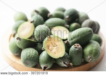 Feijoa Green On A Light Background. Feijoa Selloana Is A Fruit Crop From Tropical Regions. Organic H