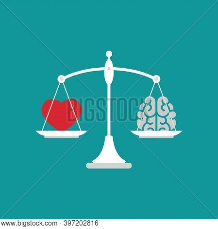 White Mechanical Scales With Brain And Red Heart In Pans. Love, Like, Sympathy Value, Solution And R