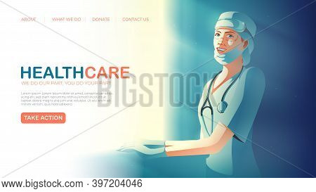 Landing Page Template In Vector Illustration Of Healthcare Service Featuring The Smiling Tireless He