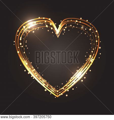Glitter Gold Heart Frame With Space For Text. Heart With Golden Light. Happy Valentines Day Card Wit