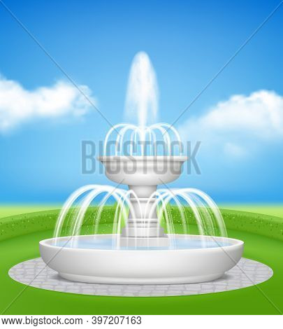 Fountain In Garden. Water Jet Splashes Spray On Decorative Grass Outdoor Realistic Fountains Vector 