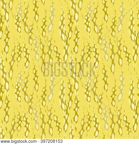 Abstract Art Wavy Striped Vector Seamless Pattern. Spotted Circles Patterned Sienna Color And White 