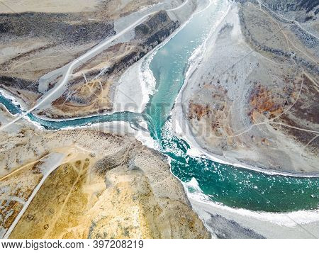 Amazing Panoramic View Of Confluence Beautiful Mountain Rivers Chuya Katun. Panorama Wonderful Pictu