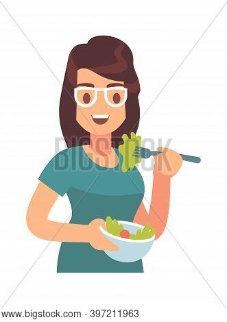 Woman Eating Healthy Tasty Meal. Girl Eats Fresh Salat, Hungry Female Character With Bowl, Diet Food
