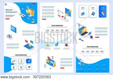 Website Development Isometric Landing Page. Full Stack Engineering, Construct Corporate Website Desi