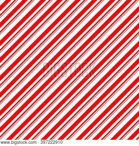 Stripes Candy Cane Seamless Pattern. Diagonal Straight Lines Christmas Background. Red And White Pep
