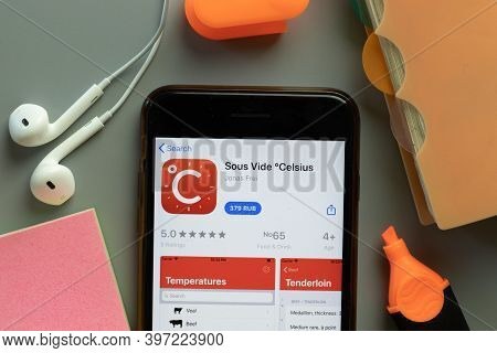 New York, Usa - 1 December 2020: Sous Vide Celsius Mobile App Icon On Phone Screen Top View, Illustr