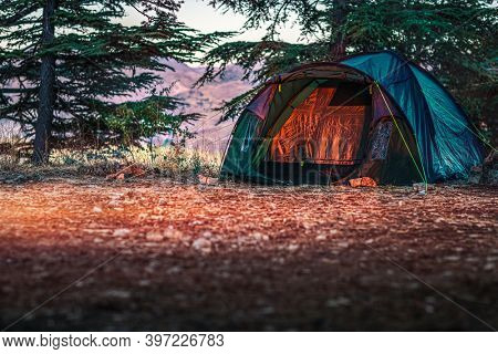 Tent in the Cedars Forest in Tannourine Mountains. Peaceful Outdoors Weekend. Active Lifestyle. Amazing Nature of Lebanon.