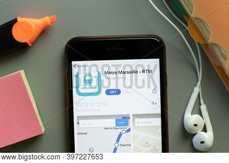 New York, Usa - 1 December 2020: Metro Marseille Mobile App Icon On Phone Screen Top View, Illustrat