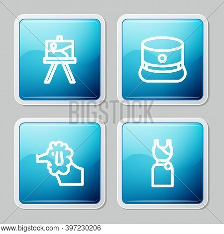Set Line Easel Or Painting Art Boards, Kepi, Poodle Dog And Woman Dress Icon. Vector
