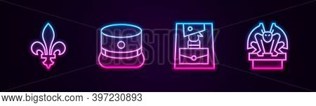 Set Line Fleur De Lys, Kepi, Handbag And Gargoyle On Pedestal. Glowing Neon Icon. Vector