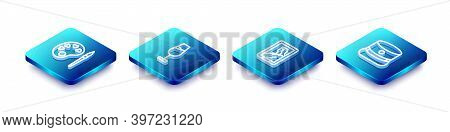 Set Isometric Line Paint Brush With Palette, Wine Glass, Portrait Museum And Kepi Icon. Vector