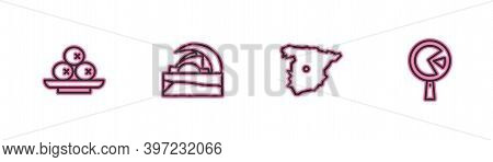 Set Line Olives On Plate, Map Of Spain, Concert Hall De Tenerife And Omelette Frying Pan Icon. Vecto