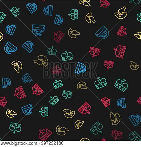 Set Line Concert Hall De Tenerife, Crown Of Spain, Fan Flamenco And On Seamless Pattern. Vector