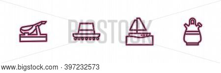 Set Line Spanish Jamon, Yacht Sailboat, Hat And Sangria Pitcher Icon. Vector