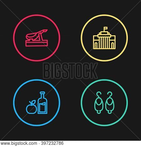 Set Line Apple Cider Bottle, Earrings, Prado Museum And Spanish Jamon Icon. Vector