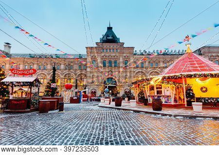 Moscow, Russia - December 15, 2019: Gum Yarmarka The Christmas Market On The Red Square On December 