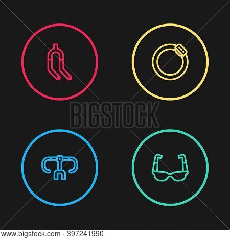Set Line Bicycle Handlebar, Sport Cycling Sunglasses, Brake Disc And Fork Icon. Vector