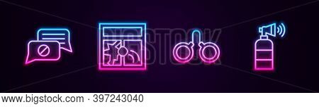 Set Line Speech Bubble Chat, Broken Window, Handcuffs And Air Horn. Glowing Neon Icon. Vector
