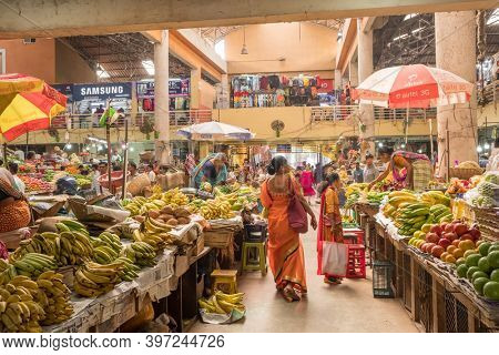 Panaji, India - January 16, 2020: Food market in Panaji, Goa, India. Colorful indian food market with fruits and vegetables