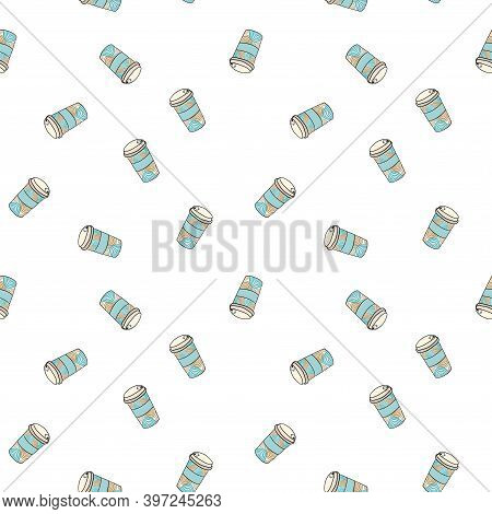 Seamless Doodle Pattern. Take Away Coffee Cup. Seamless Pattern With Hand Drawn Doodle Cups Of Coffe