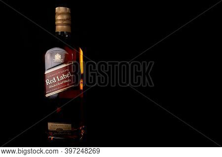 Burgas, Bulgaria- 30.11.2020: Photo Of A Botle Of Johnie Walker Red Label Whiskey.