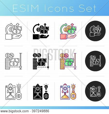 Crowdfunding Issues Icons Set. Reward Based Crowdfunding. Donor Exhaustion Issues. For Or Non Profit