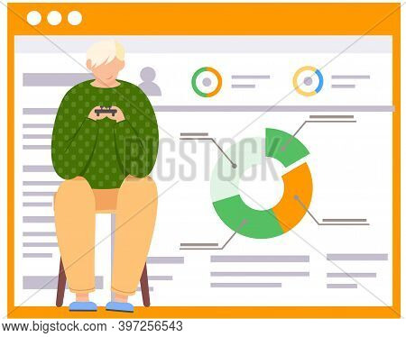 Guy With A Gamepad In Hands. Office Work Management. Poster With Inscriptions And A Pie Chart On The