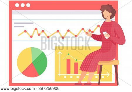 Girl In Red Dress Sits With Cards In Her Hands. Work With Statistics Indicators And Anatytics. Woman