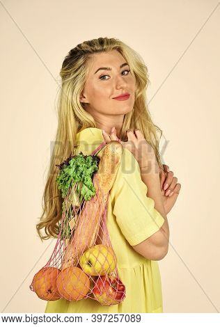 Girl In Dress With Bag Shopper Isolated On White. Bag With Groceries. Reusable Eco Bag For Shopping.