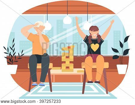 Children Playing Jenga Sitting At A Table, Friends Having Good Time Together Vector Illustration. Ha