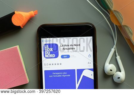 New York, Usa - 1 December 2020: La Voix Du Nord Mobile App Icon On Phone Screen Top View, Illustrat